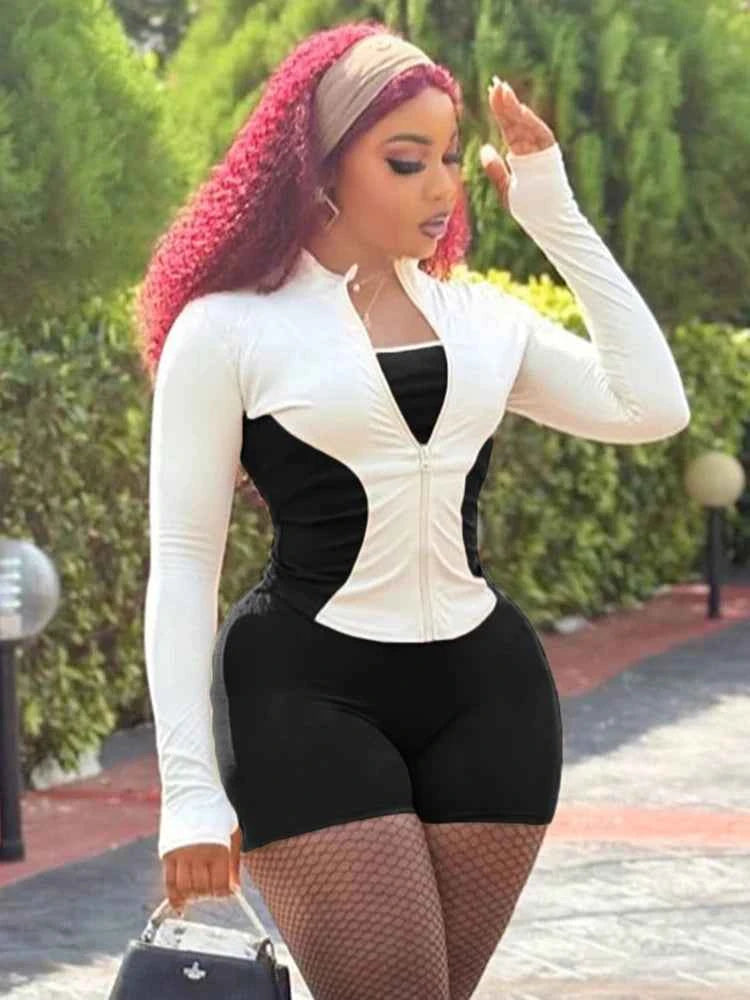 Weird Puss Casual 2piece Set Women Tracksuit Zip Contrast Patchwork Full Sleeve Jacket+Shorts Daily Simple Sporty Street Outfits