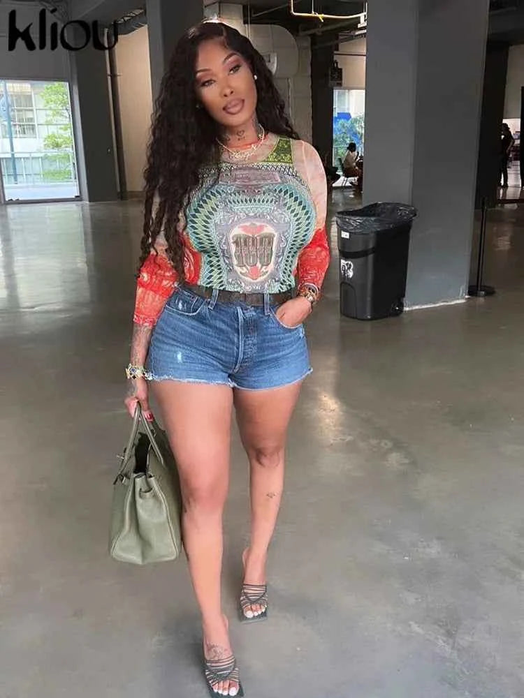 Kliou Mesh Dollar Print Classic T-Shirt Women Casual Aesthetic O-neck Long Sleeve Skinny Tops Hipster Female Gorgeous Attirewear