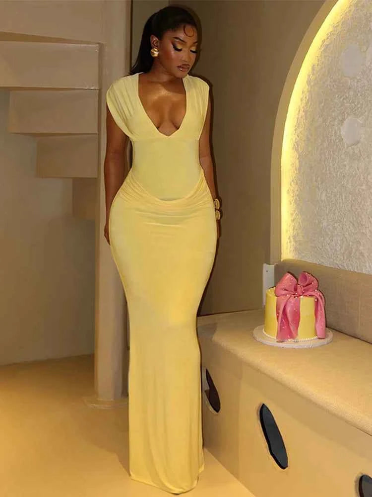 Sexy Ruched Bodycon Maxi Dress Women Solid Sleeveless V-Neck Slim Long Dresses Female Party Evening Clubwaer Evening 2026