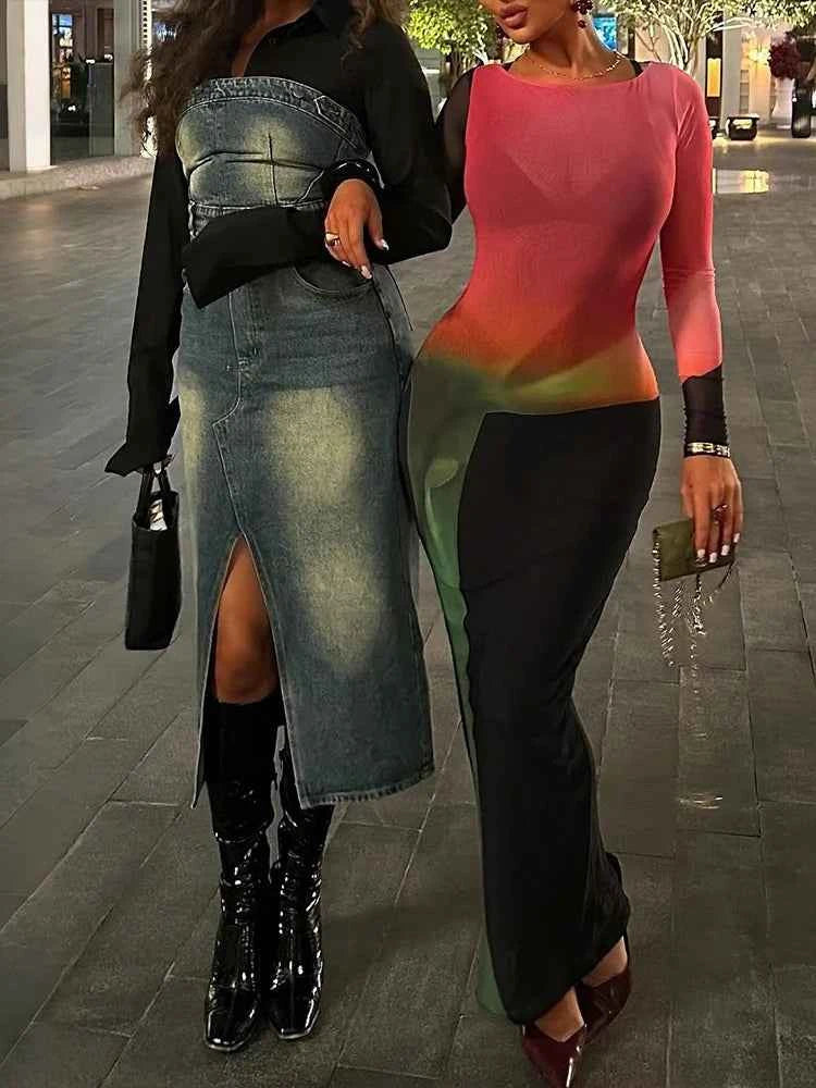 Weird Puss Sexy Patchwork Maxi Dress Women. Gradient Color o-Neck Full Sleeve Peach Hip Elegant Simple Evening Prom Party Bodycon.