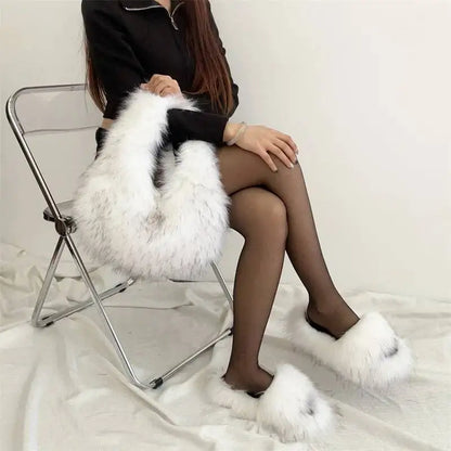 Faux Fur Slippers And Bag Set. 2025 Fashion Fur Handbags Women Purse Furry Slides Matching Set. Indoor Shoes Plus Size 46.