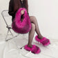 Faux Fur Slippers And Bag Set. 2025 Fashion Fur Handbags Women Purse Furry Slides Matching Set. Indoor Shoes Plus Size 46.