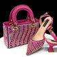 Summer New Design Specials Italian Women Shoes and Bag Set. Blue Color Comfortable Low Heels With Rhinestone.