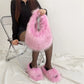 Faux Fur Slippers And Bag Set. 2025 Fashion Fur Handbags Women Purse Furry Slides Matching Set. Indoor Shoes Plus Size 46.