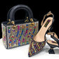 Summer New Design Specials Italian Women Shoes and Bag Set. Blue Color Comfortable Low Heels With Rhinestone.