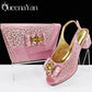 Shiny Italian Fashion Pointed Toe Women Heel Fashion Set. Rhinestone Decoration Pink Color Shoes And Bag Set.