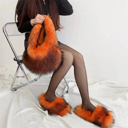Faux Fur Slippers And Bag Set. 2025 Fashion Fur Handbags Women Purse Furry Slides Matching Set. Indoor Shoes Plus Size 46.