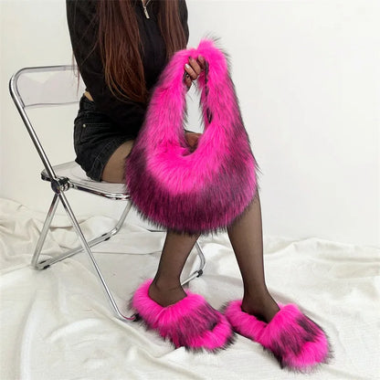 Faux Fur Slippers And Bag Set. 2025 Fashion Fur Handbags Women Purse Furry Slides Matching Set. Indoor Shoes Plus Size 46.