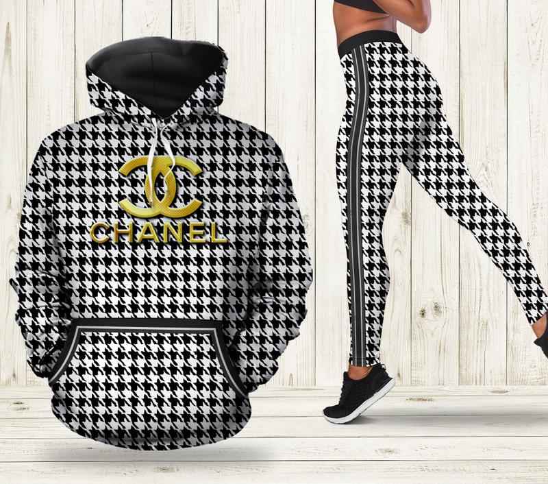 Cute black white hoodie leggings. Luxury brand clothing. Designer outfit for women. Hoodie Leggings Set.