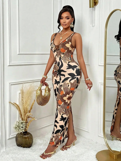 Woman in a floral dress standing in a stylish room with decorative elements.