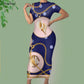 Noisydesigns Luxury Golden Europe Floral Women Party Dress Fashion Elegant Ladies Round Neck Sexy Bodycon Dress.
