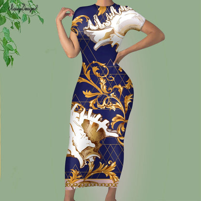 Noisydesigns Luxury Golden Europe Floral Women Party Dress Fashion Elegant Ladies Round Neck Sexy Bodycon Dress.