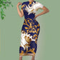 Noisydesigns Luxury Golden Europe Floral Women Party Dress Fashion Elegant Ladies Round Neck Sexy Bodycon Dress.