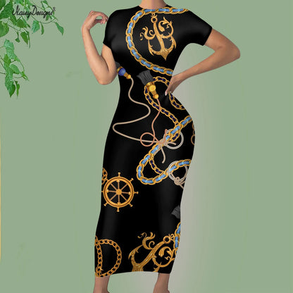 Noisydesigns Luxury Golden Europe Floral Women Party Dress Fashion Elegant Ladies Round Neck Sexy Bodycon Dress.