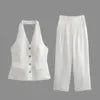 Fashion Chic Halter Neck Collar Halter Retro Vest Blouse+pleated Wide-leg Pants Suit Suit Women&