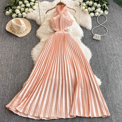 Sanya Seaside Holiday Wear Sexy Backless Collarless Mini Dress. Women Cross A-Line Solid Streetwear Spring Pleated Skirt.