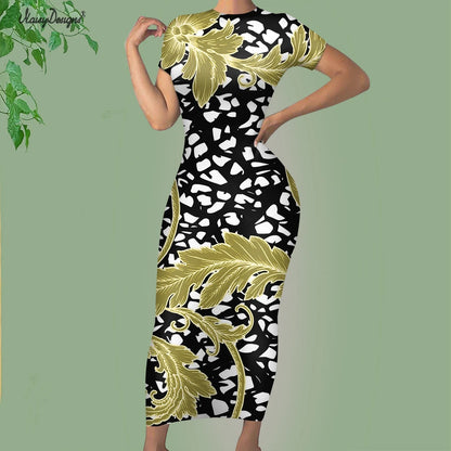 Noisydesigns Luxury Golden Europe Floral Women Party Dress Fashion Elegant Ladies Round Neck Sexy Bodycon Dress.