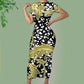 Noisydesigns Luxury Golden Europe Floral Women Party Dress Fashion Elegant Ladies Round Neck Sexy Bodycon Dress.