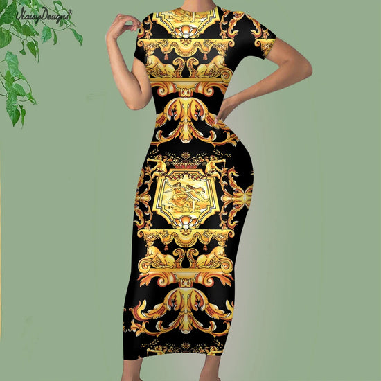 Noisydesigns Luxury Golden Europe Floral Women Party Dress Fashion Elegant Ladies Round Neck Sexy Bodycon Dress.