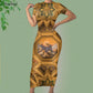 Noisydesigns Luxury Golden Europe Floral Women Party Dress Fashion Elegant Ladies Round Neck Sexy Bodycon Dress.