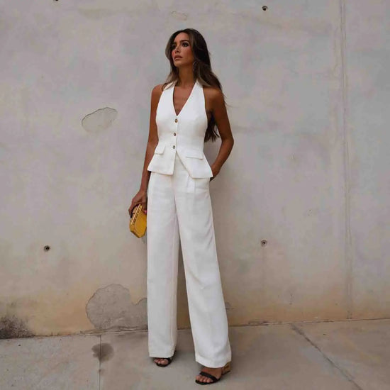 Fashion Chic Halter Neck Collar Halter Retro Vest Blouse+pleated Wide-leg Pants Suit Suit Women&