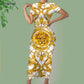 Noisydesigns Luxury Golden Europe Floral Women Party Dress Fashion Elegant Ladies Round Neck Sexy Bodycon Dress.