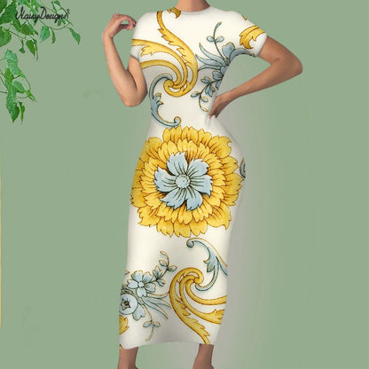 Noisydesigns Luxury Golden Europe Floral Women Party Dress Fashion Elegant Ladies Round Neck Sexy Bodycon Dress.