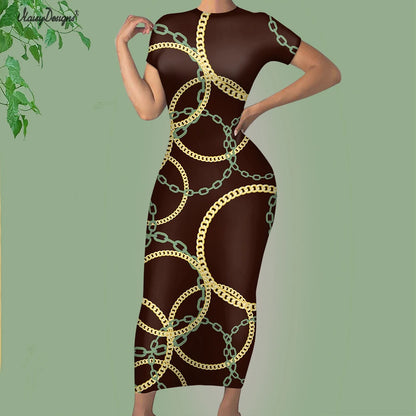 Noisydesigns Luxury Golden Europe Floral Women Party Dress Fashion Elegant Ladies Round Neck Sexy Bodycon Dress.