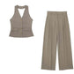 Fashion Chic Halter Neck Collar Halter Retro Vest Blouse+pleated Wide-leg Pants Suit Suit Women&