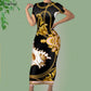 Noisydesigns Luxury Golden Europe Floral Women Party Dress Fashion Elegant Ladies Round Neck Sexy Bodycon Dress.