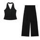 Fashion Chic Halter Neck Collar Halter Retro Vest Blouse+pleated Wide-leg Pants Suit Suit Women&