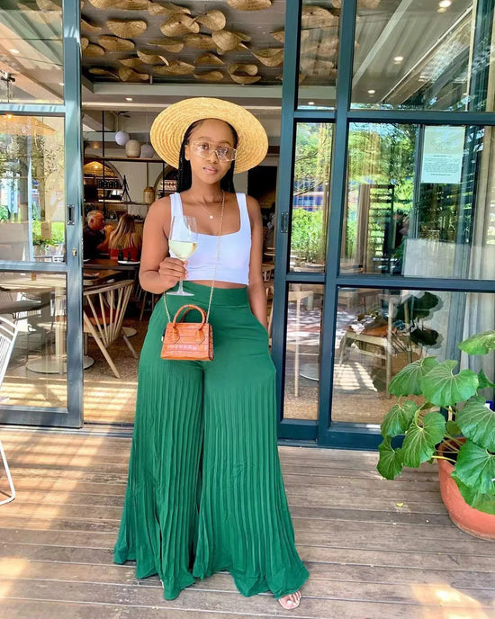 QFZ502 summer 2022 women clothing new Fashion casual solid color high temperature stereotype pleated wide leg pants