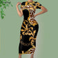 Noisydesigns Luxury Golden Europe Floral Women Party Dress Fashion Elegant Ladies Round Neck Sexy Bodycon Dress.