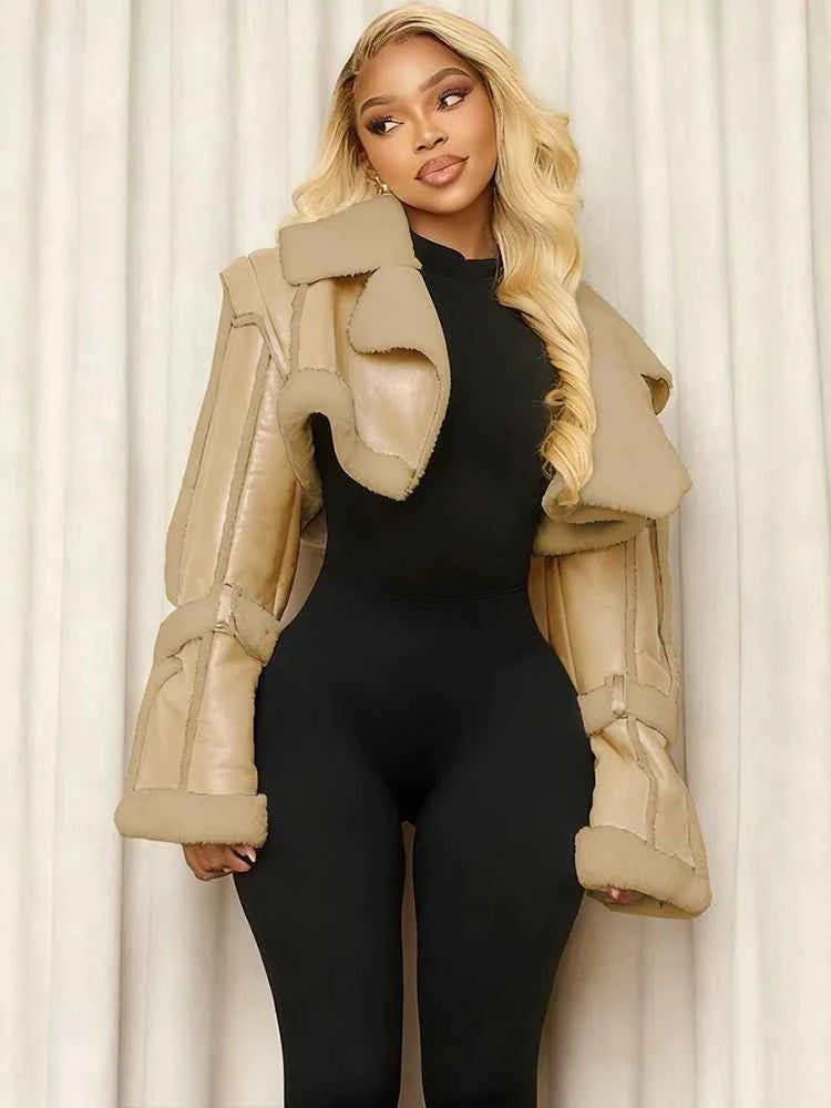 Weird Puss Furry Patchwork Women Crop Jacket Hipster Full Sleeve Open Stitch Hipster Streetwear Warm Outwear Basic Wild Coat