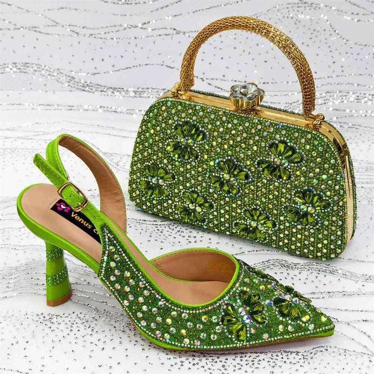 Women’s Purple High Heel Party Shoes and Rhinestone Handbag Set - Italian Design Wedding Style