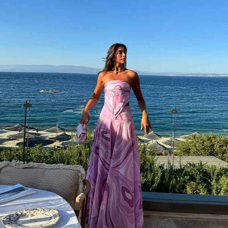 Summer Printed Women Crop Top. Metal Strap Backless Lace Up Tank Top. Chic Party Beach Strapless Shirt.