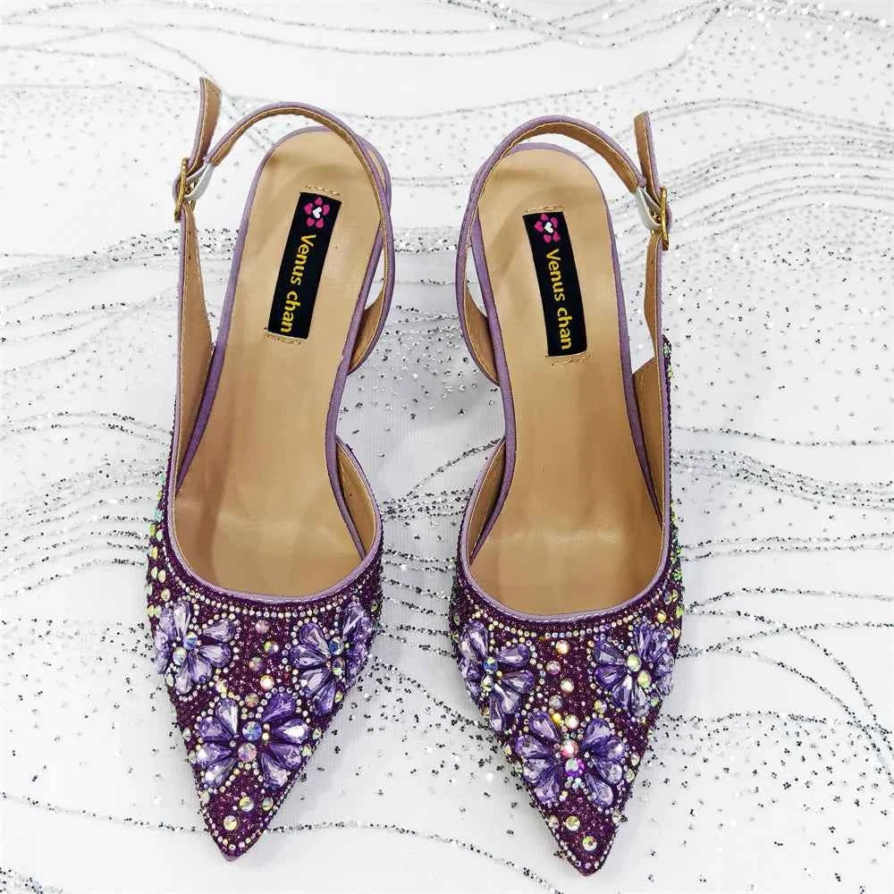 Women’s Purple High Heel Party Shoes and Rhinestone Handbag Set - Italian Design Wedding Style