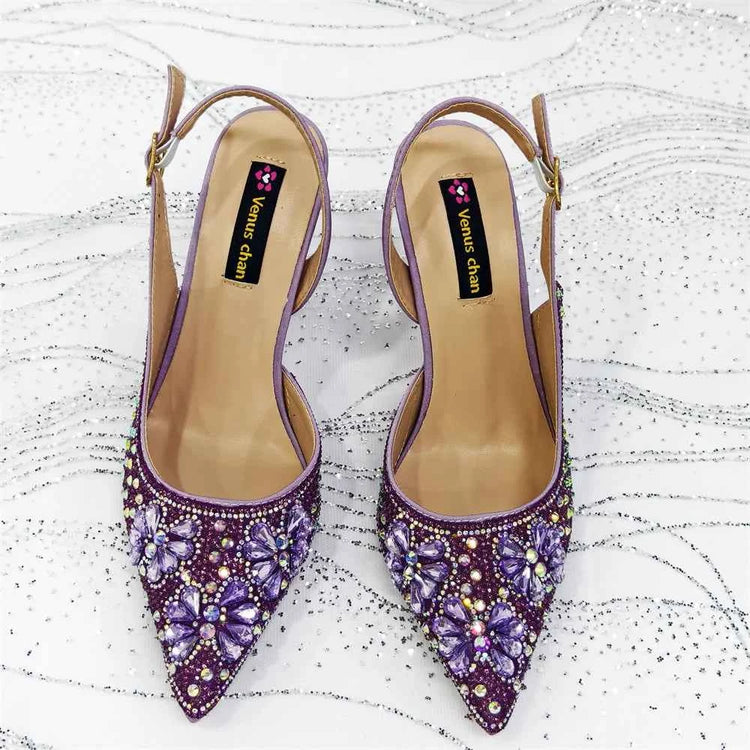 Women’s Purple High Heel Party Shoes and Rhinestone Handbag Set - Italian Design Wedding Style