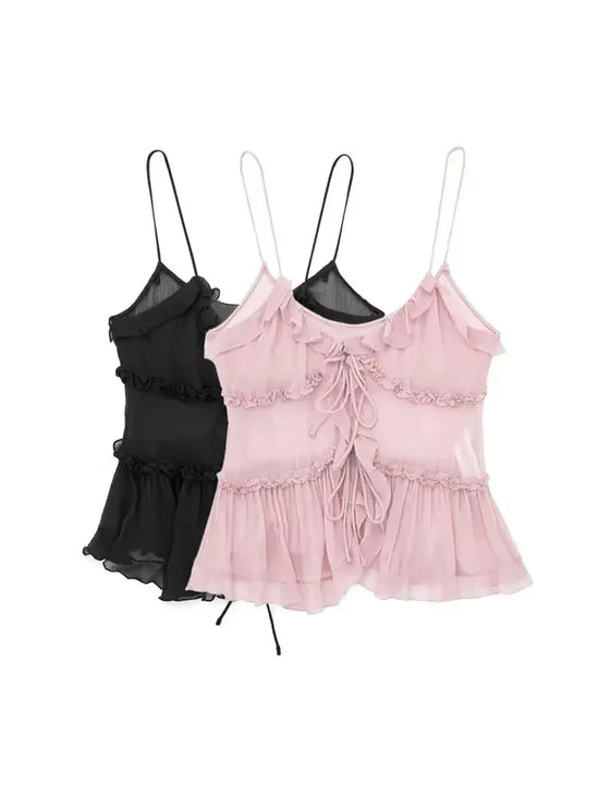 Women Fashion With Ruffled Front Tied Semi-sheer Tank Tops Sexy Backless Thin Straps Female.