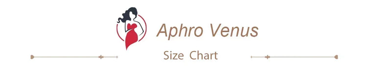 Aphro Venus size chart logo with a stylized woman in a red dress and black hair.
