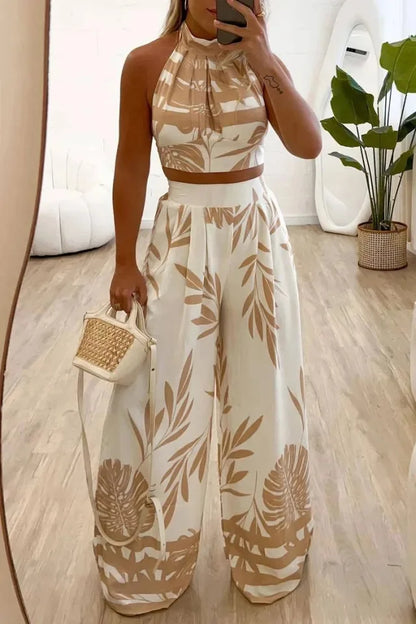 Sexy Halter Backless Vest and Long Pants 2 Piece Set Summer Vacation Beach Ladies Set Casual Loose High Waist Wide Leg Pants Set