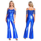 Women Metallic Shiny Dance Jumpsuit Sequin Tassel Sleeveless Bell Bottom Long Pants Bodysuit Romper for Jazz Music Festival.