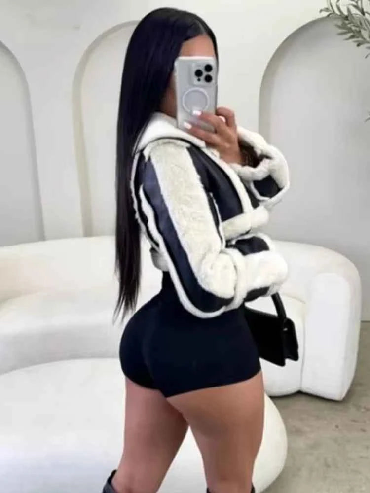 Weird Puss Furry Patchwork Women Crop Jacket Hipster Full Sleeve Open Stitch Hipster Streetwear Warm Outwear Basic Wild Coat