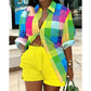 Fashion Colorful Striped Printed Two Piece Set. Women Outfit Suit Casual Summer Button Up Long Sleeve Shirt and Shorts Set.