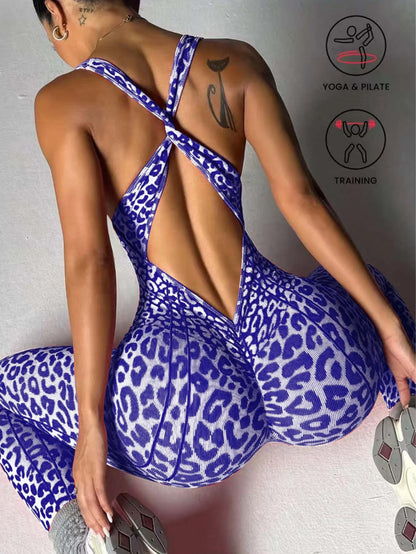 Sexy Leopard Print Sports Jumpsuits for Women V-neck Backless Yoga Bodysuit Female Sleeveless Tight Gym Running Fitness Overalls