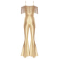 Women Metallic Shiny Dance Jumpsuit Sequin Tassel Sleeveless Bell Bottom Long Pants Bodysuit Romper for Jazz Music Festival.