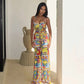 Printed Halter Split Backless Party Sexy Dress. Elegant Spaghetti Strap Long Dress Women  Summer Dress