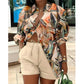 Fashion Colorful Striped Printed Two Piece Set. Women Outfit Suit Casual Summer Button Up Long Sleeve Shirt and Shorts Set.