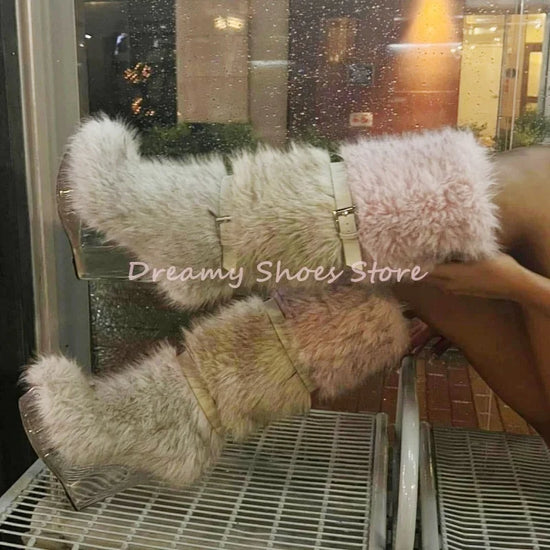 White Fur Platform Wedges Knee High Boots Women Belt Buckle Transparent Heel Slip On Boots Sweet Fashion Warm Party Banquet Shoe.