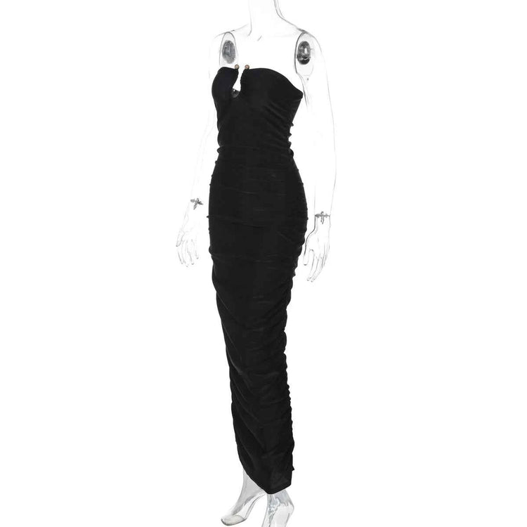 Dulzura Sleeveless Strapless Pleated Maxi Dress With Button Women’S Sexy Elegant Long Dress Party Club Office Spring Summer